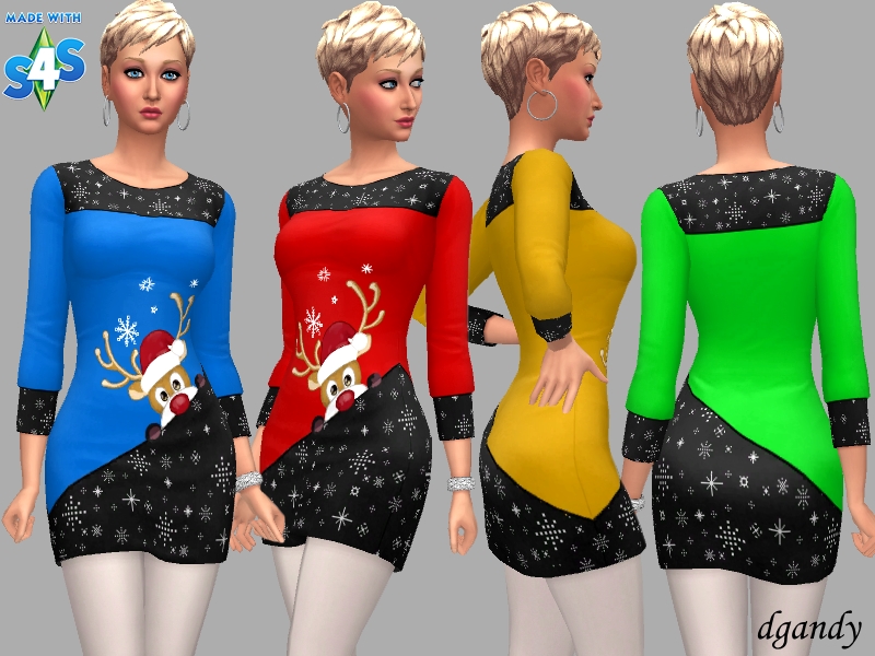 Un sim con cabello rubio corto llevando un vestido de manga larga. Este vestido tiene paneles negros con un patrón de copo de nieve blanco y el resto del vestido es de un color brillante. En la sección de color hay un reno con un sombrero de Santa.