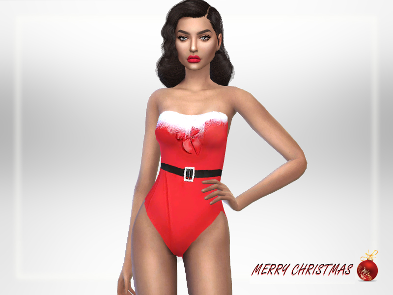 Un sim en Los Sims 4 parado con una mano en la cadera usando un traje de baño navideño que se parece a Papá Noel