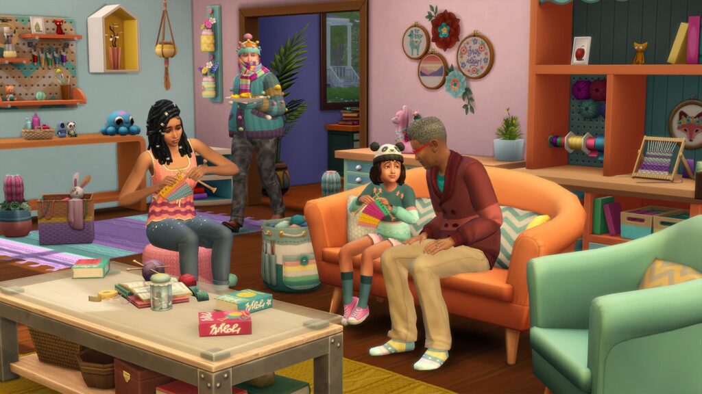 Una familia de sims aprendiendo la habilidad de tejer en Los Sims 4