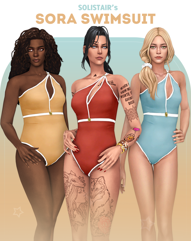 Tres sims diferentes usando un traje de baño de una sola pieza, de un solo hombro con un recorte en el pecho. sims 4 cc trajes de baño.