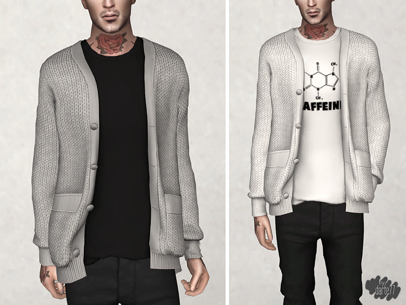 El mismo sim masculino que tiene un tatuaje en el cuello lleva un suéter de punto con botones y bolsillos en Los Sims 4