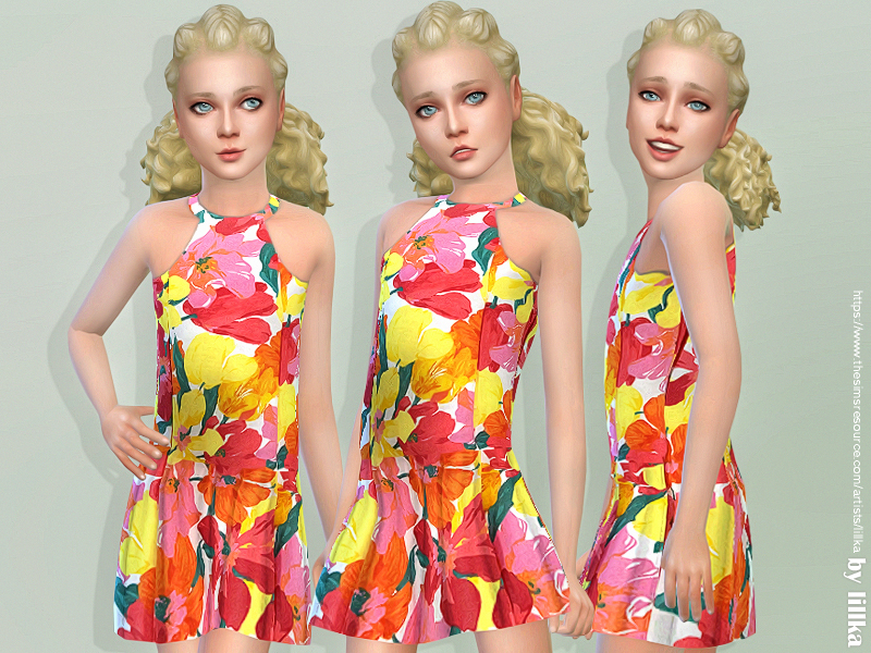 La misma sim en tres poses diferentes. Esta sim lleva puesto un vestido de CC para niños que está cubierto de flores brillantes.
