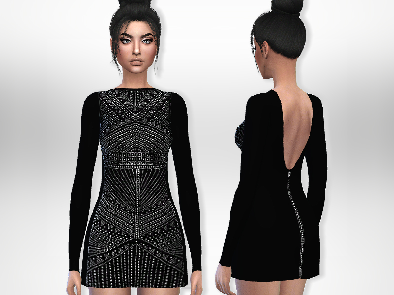 Un sim con el cabello negro recogido en un moño que lleva puesto un vestido negro de manga larga, en la parte trasera del vestido hay una cremallera y la parte delantera está cubierta de cuentas plateadas.
