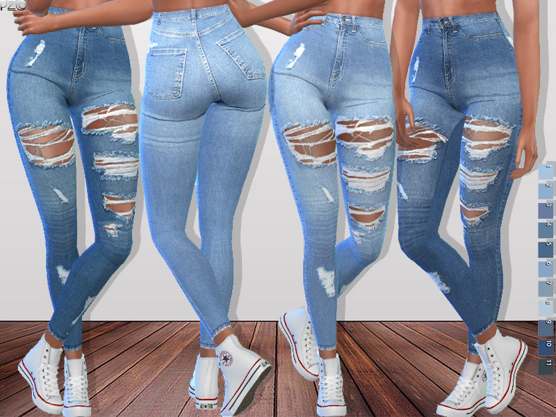 La mitad inferior de un cuerpo cuatro veces usando diferentes tonos de los mismos jeans.