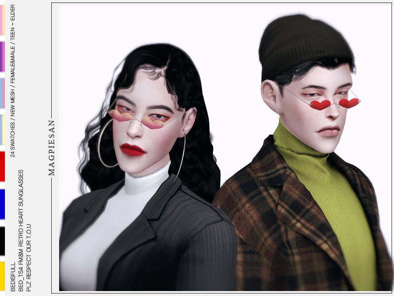 Dos Sims vistiendo cuellos de tortuga y chaquetas y tienen cabello negro. Ambos Sims llevan unas pequeñas gafas de sol en forma de corazón.