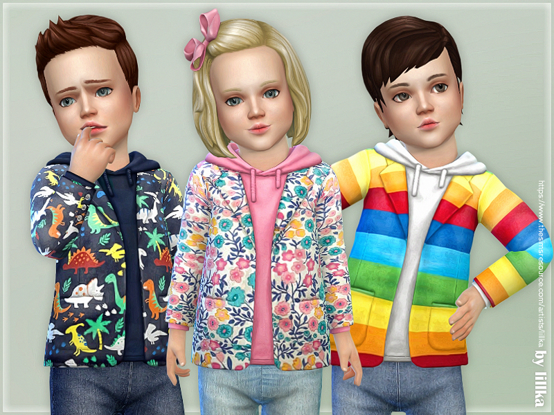 Una imagen con tres niños pequeños de Los Sims 4. Estos niños pequeños llevan chaquetas con estampados brillantes y capuchas por debajo.