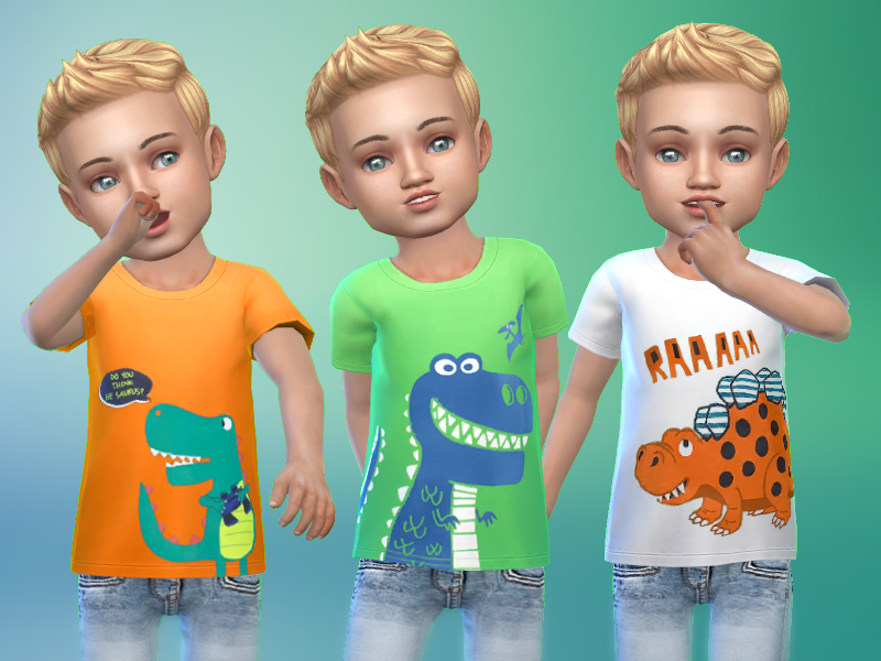 Tres niños rubios de Los Sims 4 vistiendo camisetas de dinosaurio.