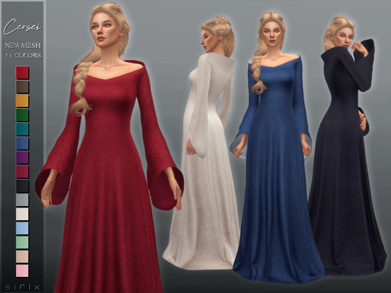 La misma sim cuatro veces con cabello rubio y un vestido de estilo victoriano antiguo.
