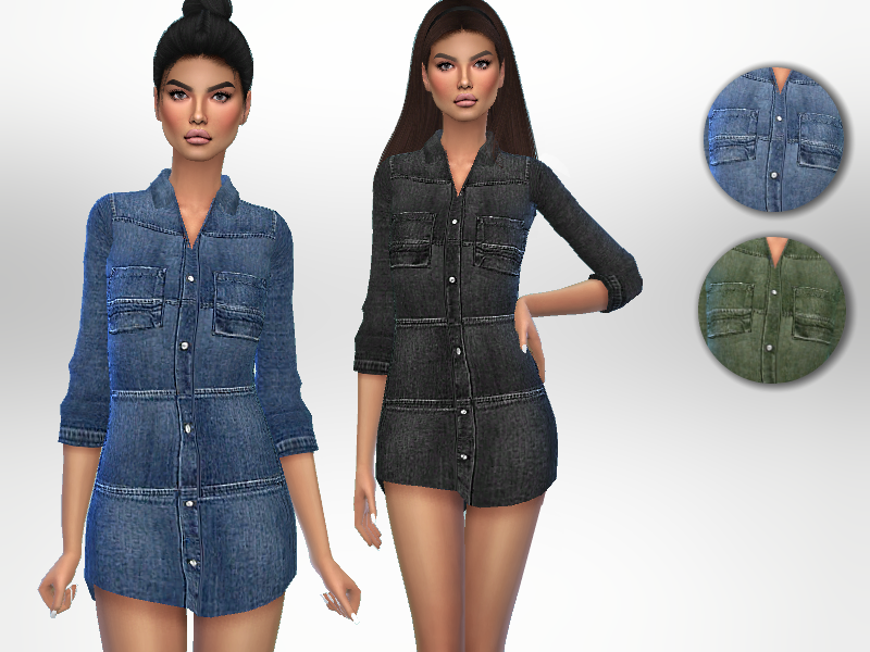 La misma sim dos veces, una con el cabello recogido y la otra con el cabello suelto. Ambas versiones de este personaje de Los Sims 4 están usando un vestido de manga larga hecho de mezclilla que tiene detalles horizontales y bolsillos en el pecho.