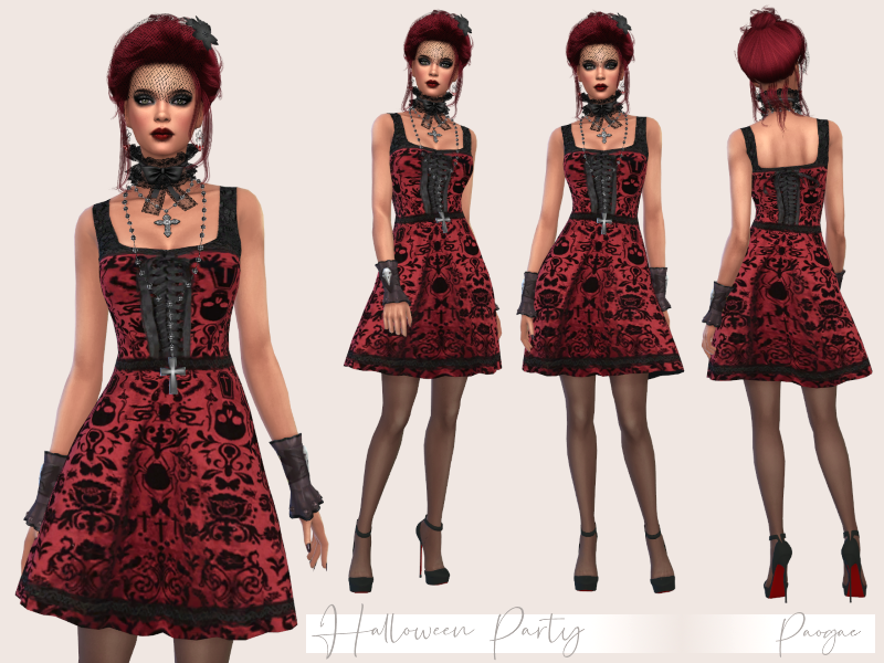 Un sim vistiendo un vestido negro y rojo con corsé con patrones de calaveras, huesos y serpientes en el vestido 