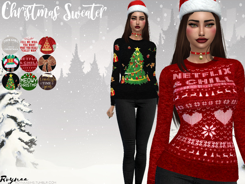 Una sim con lápiz labial oscuro, pelo castaño y un sombrero de Santa. Ella lleva un suéter navideño de Netflix & Chill.