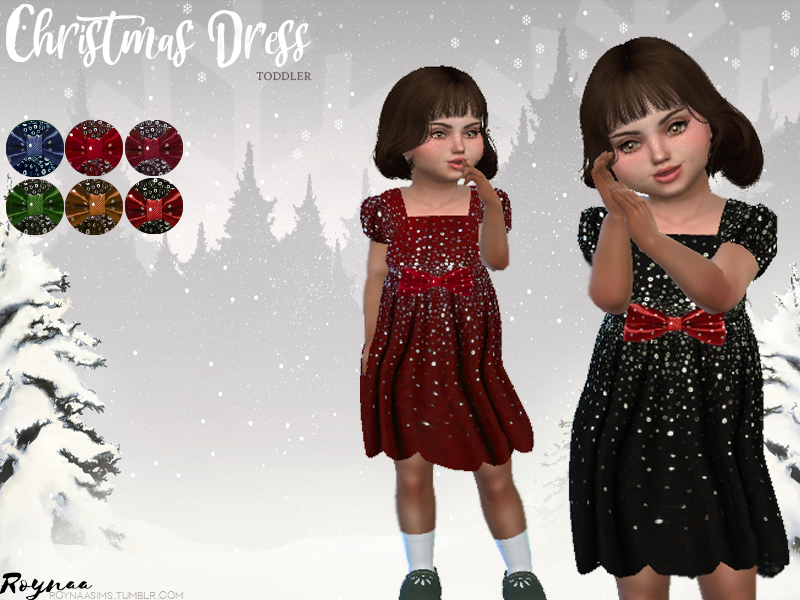 Una niña pequeña en Los Sims 4 con cabello castaño y ojos marrones. Este sim está usando el vestido navideño cc