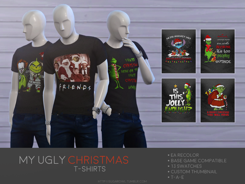 Un conjunto de tres maniquíes que llevan puestas camisetas navideñas. Estas camisetas tienen cosas de la cultura pop como Stitch, el Grinch y Friends. Perfecto para sims 4 cc 