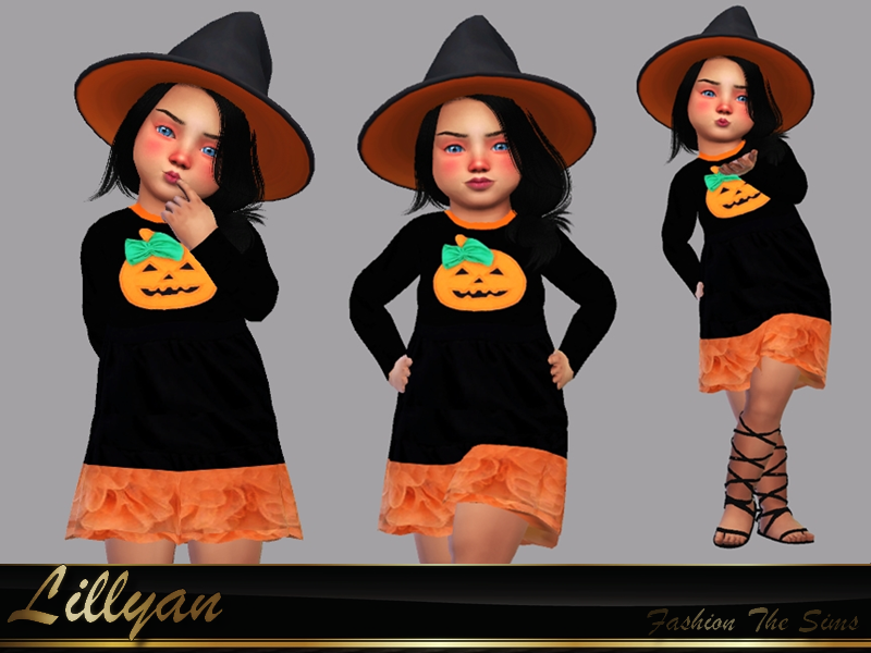 La misma sim 3 veces llevando un vestido de Halloween para Los Sims 4 CC. El vestido es de manga larga y negro, con naranja en la parte inferior. Tiene un cuello naranja y una calabaza en el pecho.