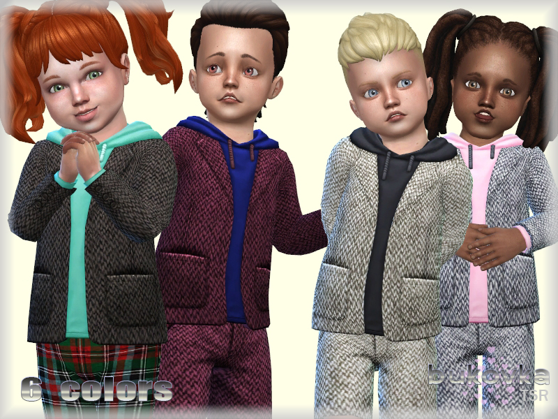 Cuatro niños pequeños vistiendo chaquetas estilo blazer de tweed sobre una sudadera de colores vivos.