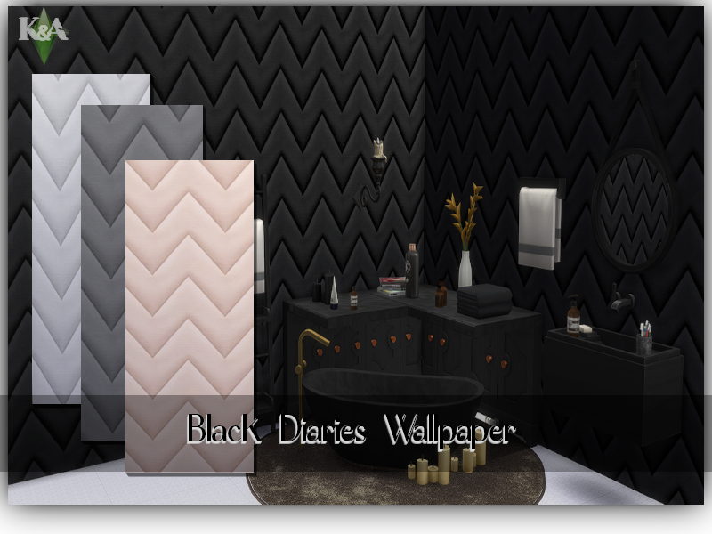 Un baño oscuro con papel pintado negro con diseño de espiga