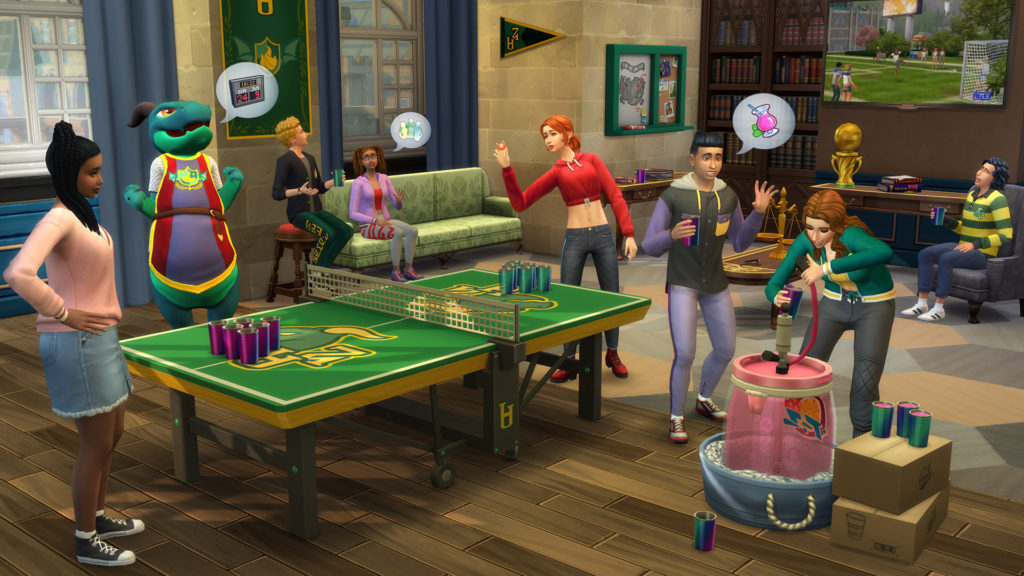 Esta imagen muestra a un grupo de sims pasando el rato en sus dormitorios, algunos están jugando beer pong y hay una mascota en la esquina.