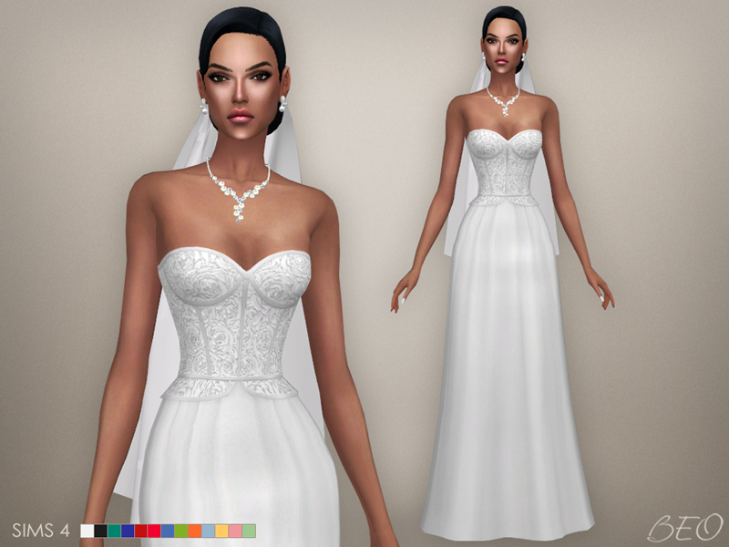 Un hermoso vestido de novia con una falda recta y un corpiño con detalles de encaje para Los Sims 4