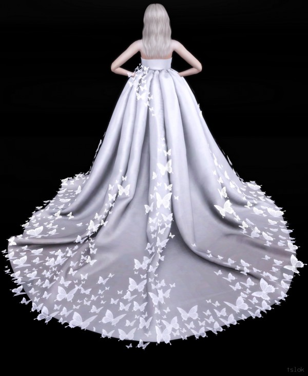 Un hermoso vestido de novia estilo bola CC para Los Sims 4 que tiene mariposas en cascada desde la parte posterior de la cintura hasta el final de la falda