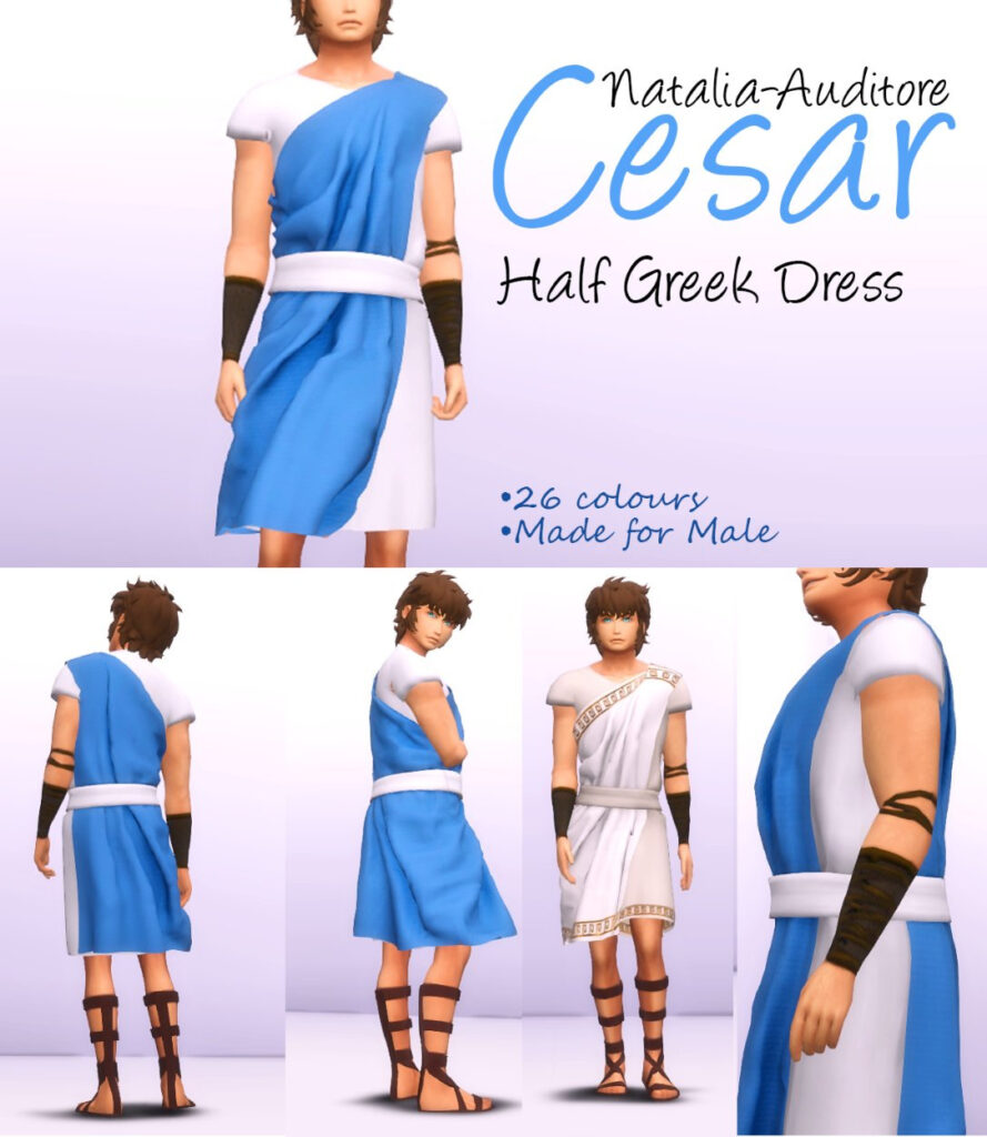 Un Sim masculino en Los Sims 4 que lleva un disfraz de Halloween CC que es un vestido de camiseta blanca con una tela azul que se drapea convirtiéndolo en una toga