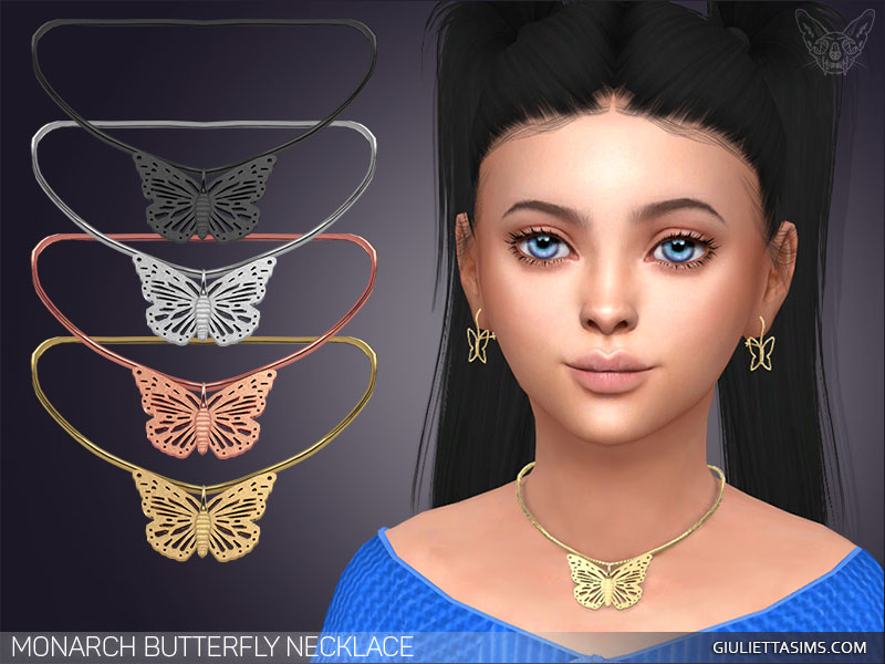 Un personaje de Los Sims 4 con cabello negro en dos coletas altas que tiene ojos azules. Llevan puesto un conjunto a juego de aretes de mariposa dorados y un collar de mariposa dorado.