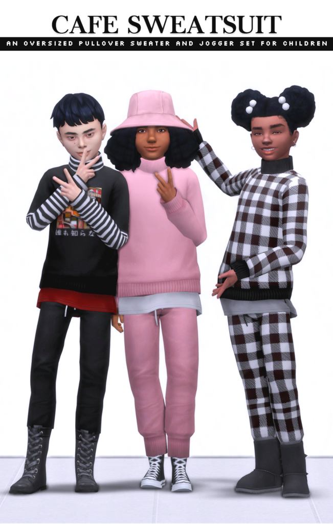 Tres sims vistiendo sweatsuits a juego