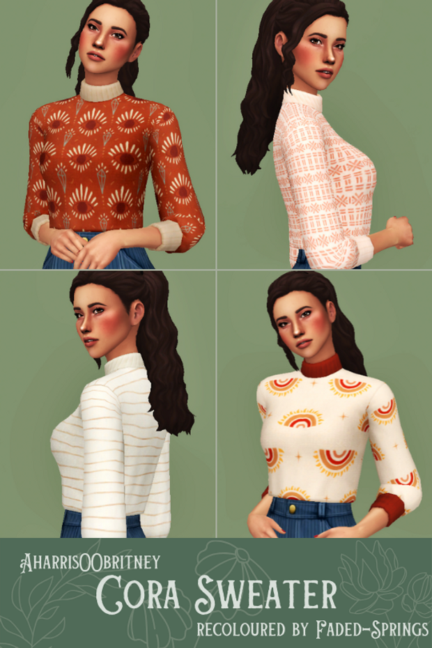 Cuatro cuadros, cada uno con el mismo sim adentro. Este sim tiene el cabello recogido en una cola de caballo con un mechón que enmarca el rostro y todos están usando el mismo top de sims 4 cc en diferentes colores.