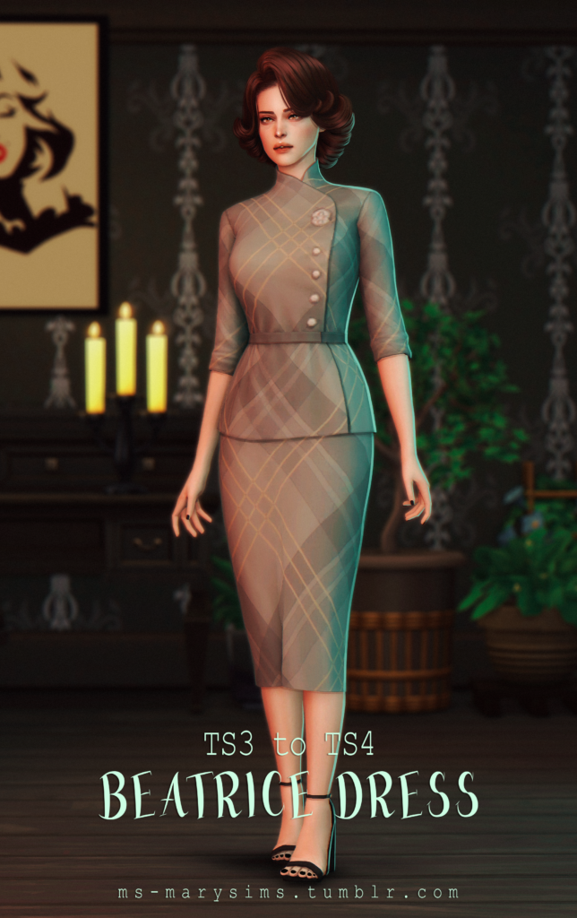 Un sim parado en una habitación de aspecto vintage vistiendo un vestido que podrías imaginar en un director de una escuela elegante.