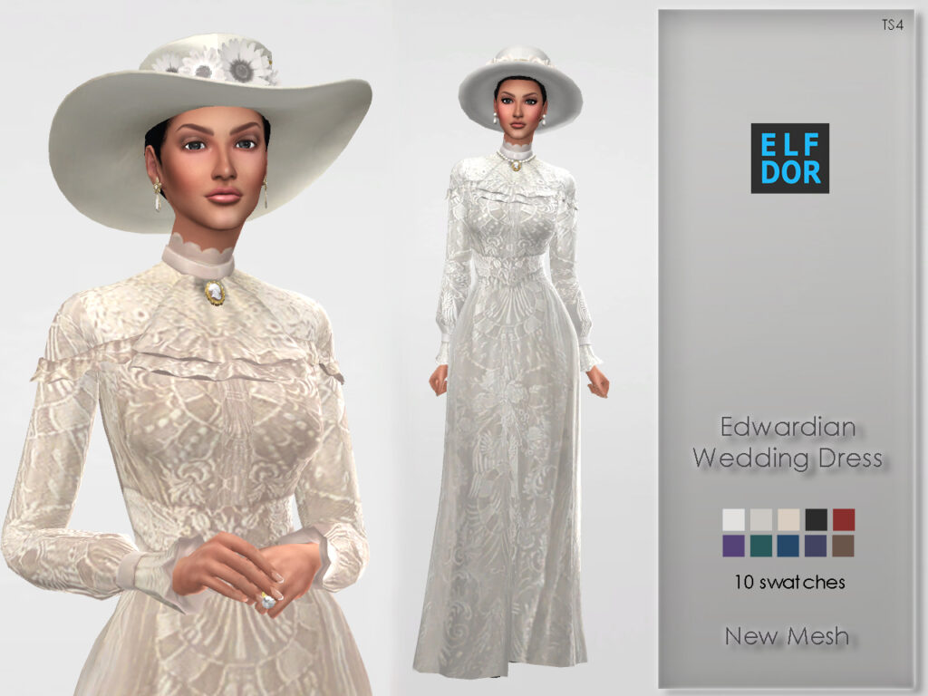 Un vestido de novia muy antiguo de estilo eduardiano con muchos detalles, mangas largas y cuello alto para tu carpeta de vestidos de novia sims 4 cc