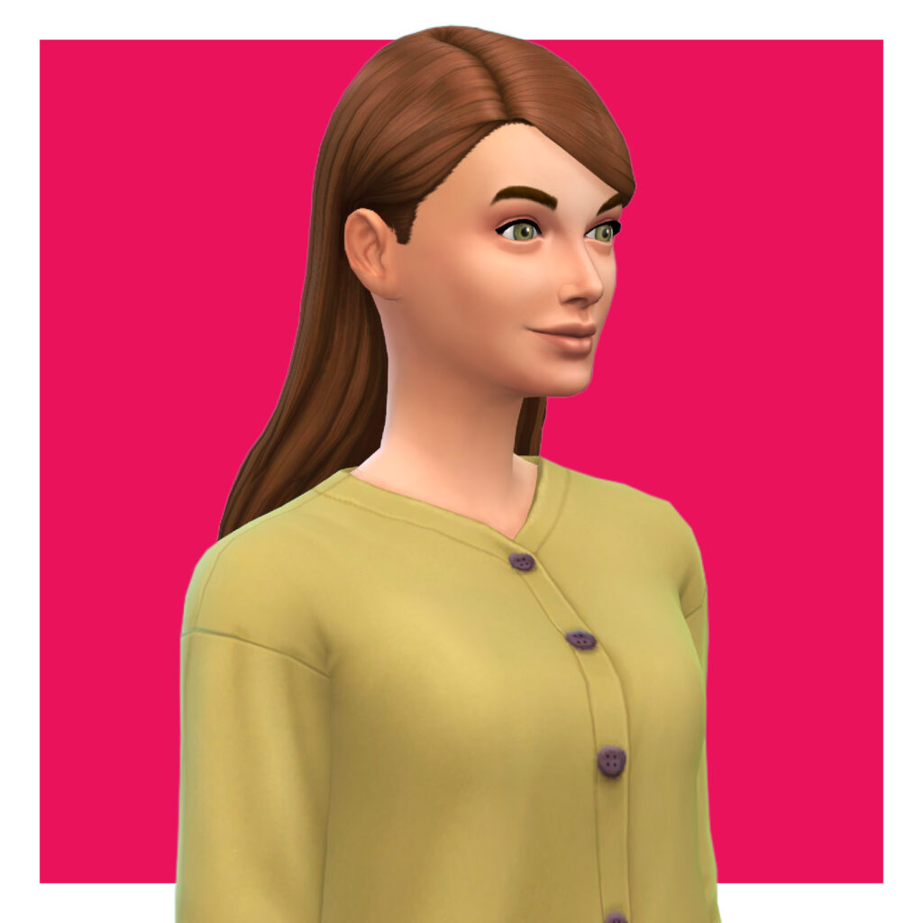 Un sim con una camisa de color amarillo oscuro que tiene botones en la parte delantera. Tienen el cabello castaño, liso y recogido detrás de las orejas y por detrás.
