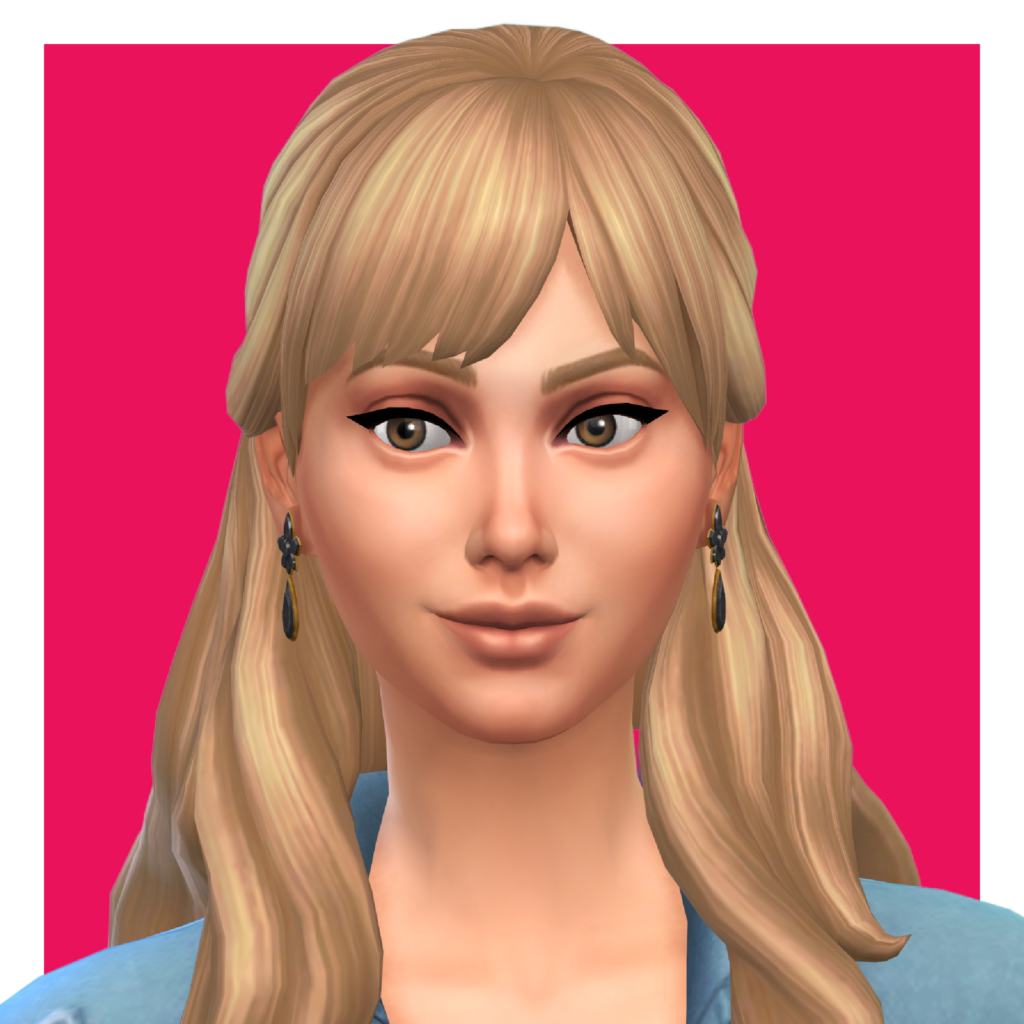 Un personaje femenino de Los Sims 4 sobre un fondo rosa intenso. Esta sim lleva pendientes negros y dorados y una camiseta de mezclilla azul. Su cabello es rubio con flequillo recto y parte del cabello recogido detrás de la cabeza.