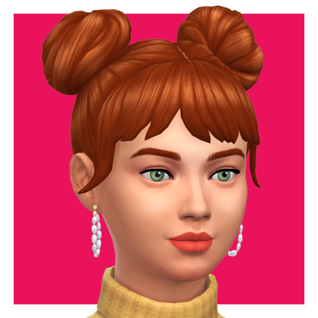 Una sim que lleva unos pendientes de aro de los Sims 4 CC que tienen una pieza de oro en la oreja con perlas que rodean completamente el aro.