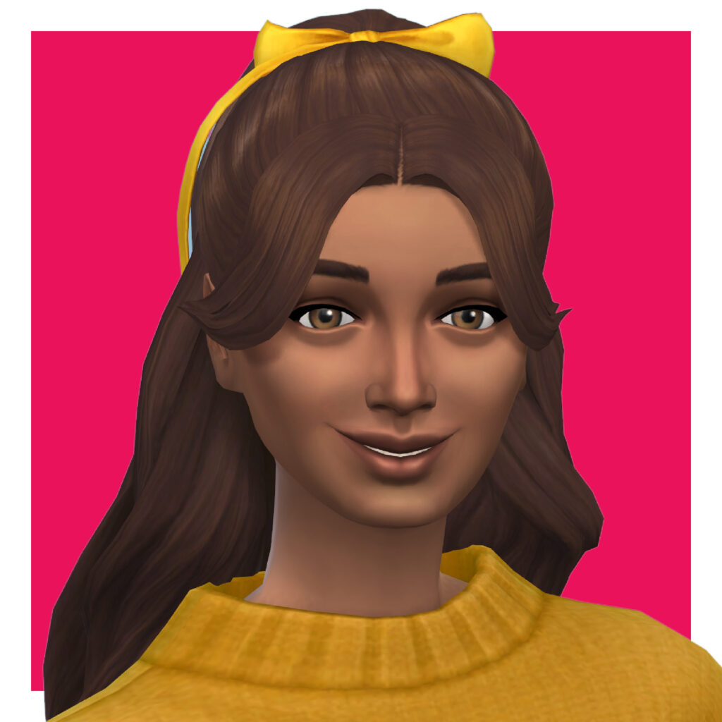 Un sim vistiendo una camiseta amarilla y un lazo amarillo en su cabello. El cabello tiene flequillo que enmarca el rostro y se dirige hacia la oreja.