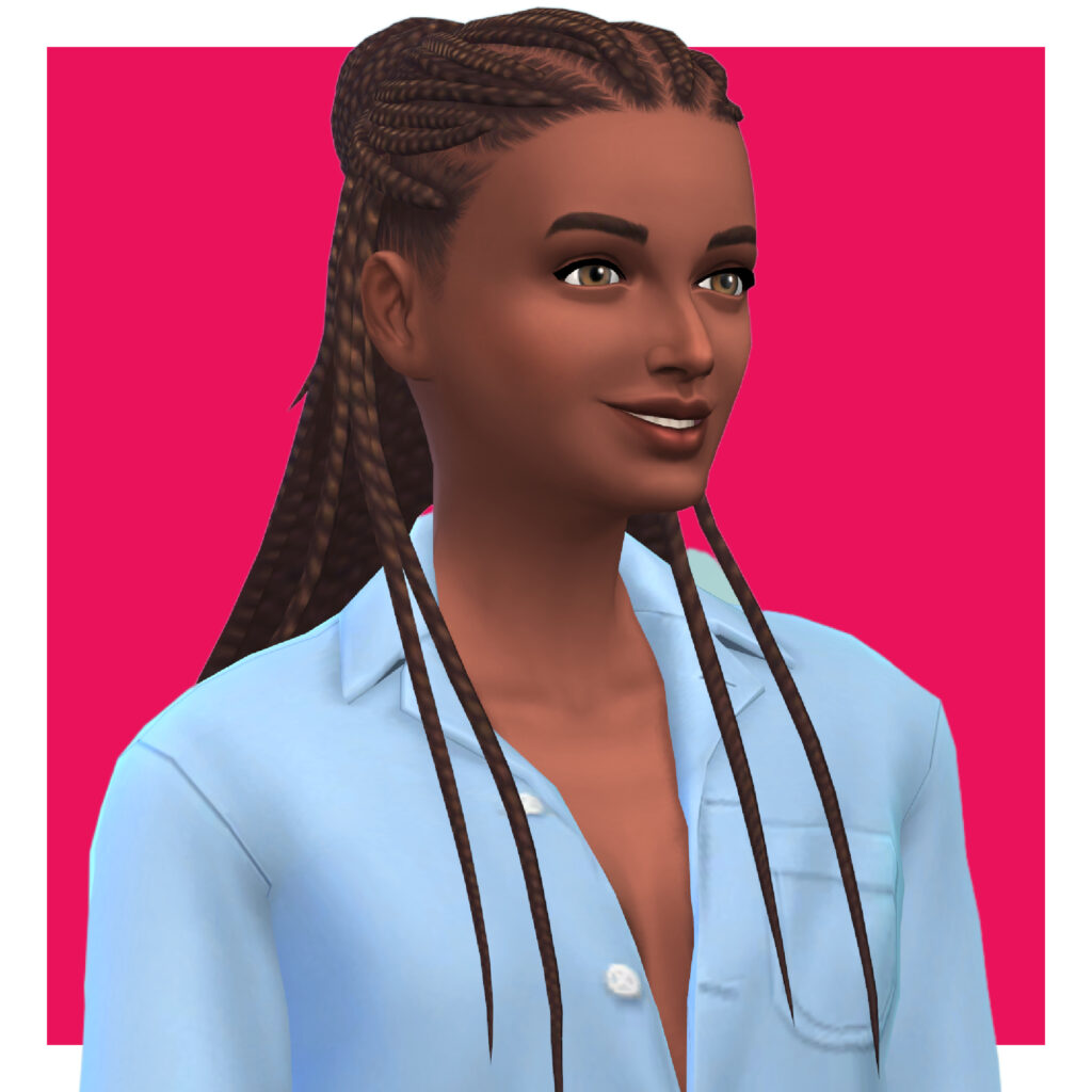 Un sim que tiene el cabello trenzado en filas de trenzas que van hacia atrás y hacia adelante del cuerpo. Llevan una camisa de mezclilla azul con algunos botones desabrochados.