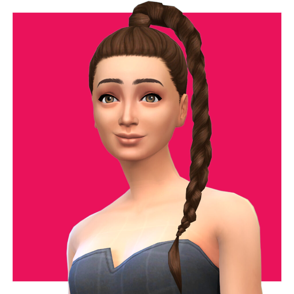 Un sim con un vestido formal elegante de color azul marino. Su cabello está recogido hacia atrás en la parte superior de su cabeza en una trenza que llega hasta el pecho.