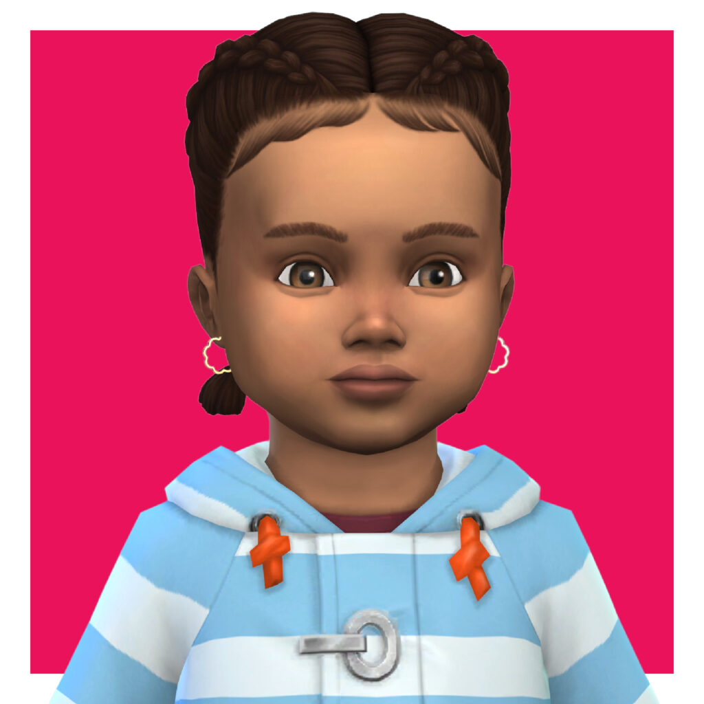 Un sim con ojos marrones y cabello marrón viste una chaqueta de rayas azules. Lleva unos pendientes de aro dorados que parecen pequeñas nubes en Los Sims 4.