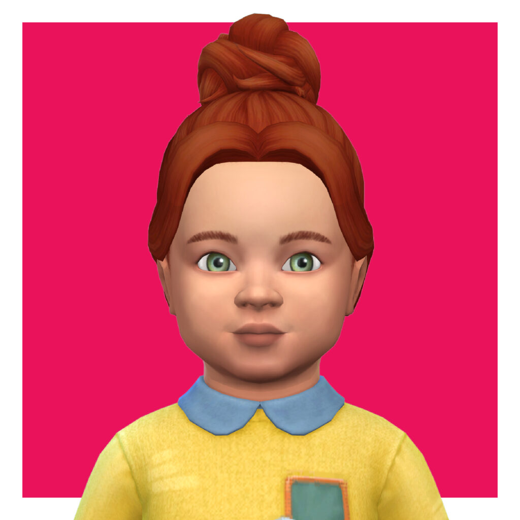 Un niño pequeño en Los Sims 4 sobre un fondo rosa. Este niño pequeño lleva una camiseta amarilla con cuello azul y tiene un peinado cc donde su cabello está en un moño de bailarina.