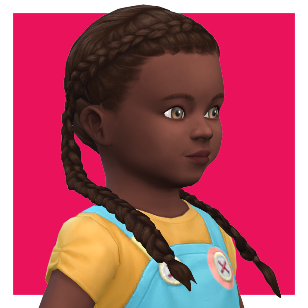 Un niño en Los Sims 4 sobre un fondo rosa. Este sim tiene dos trenzas holandesas en su cabeza y lleva una camiseta amarilla con un vestido encima.