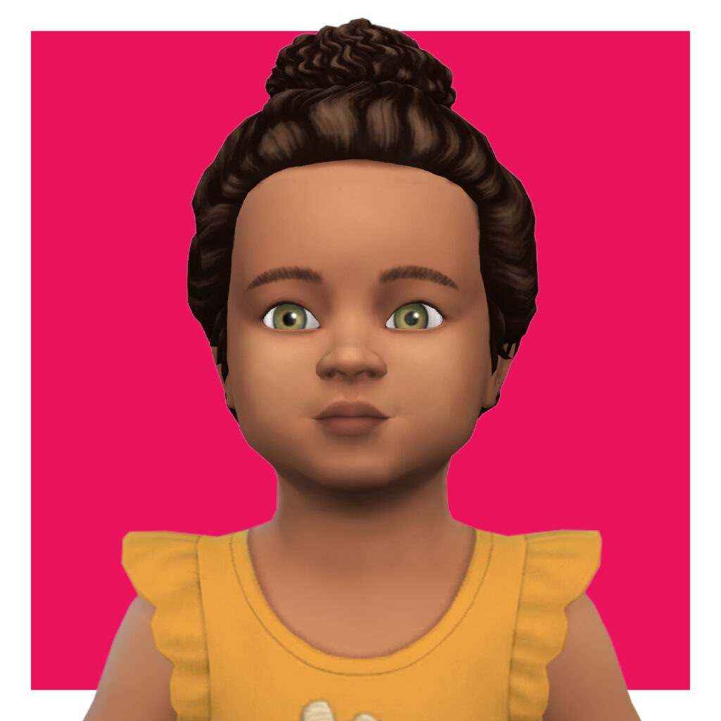 Un niño pequeño en Los Sims 4 sobre un fondo rosa. Este niño pequeño tiene el cabello en un moño con volumen y textura, y lleva una camiseta amarilla con mangas con volantes.