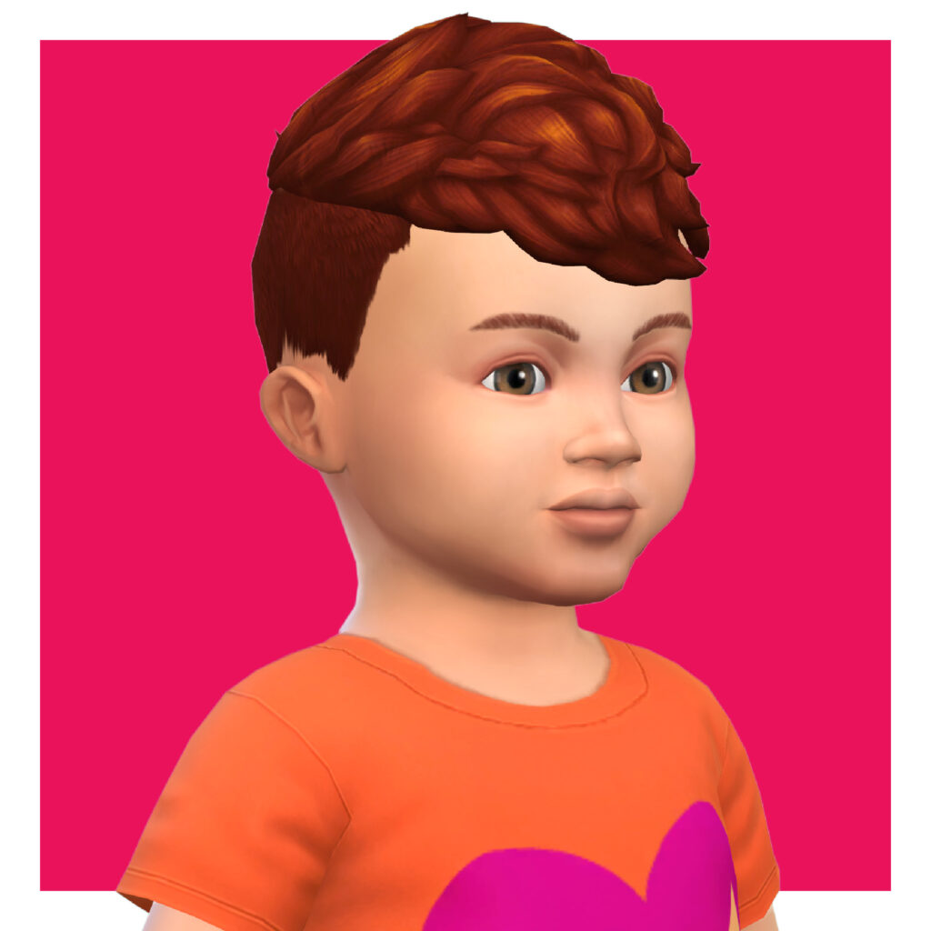 Un niño pequeño en Los Sims 4 sobre un fondo rosa. Este niño pequeño lleva puesta una camiseta naranja con un corazón en rosa en el centro. Su cabello está en un mohawk rizado.