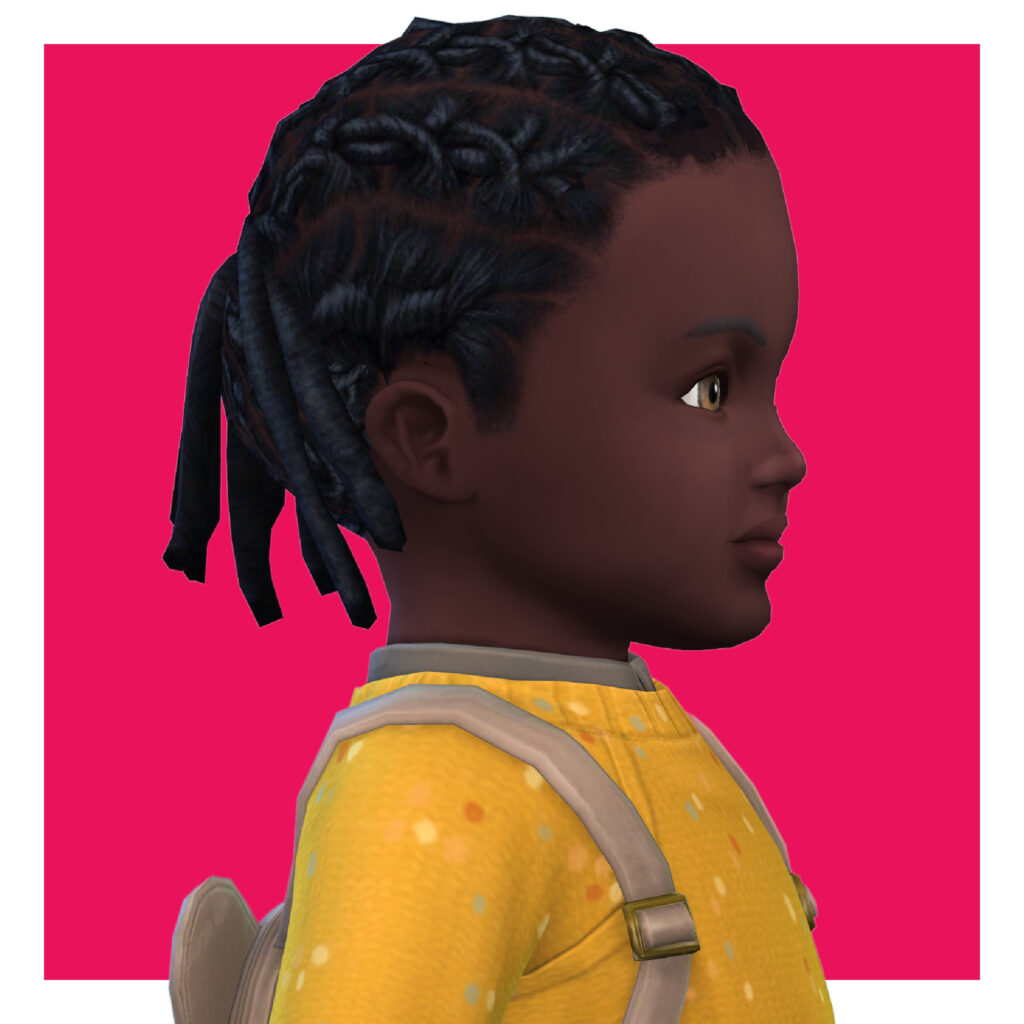 Un niño pequeño en Los Sims 4 en un fondo rosa. Este niño pequeño tiene el cabello en trenzas estilo rastas y lleva un suéter amarillo con una pequeña mochila.