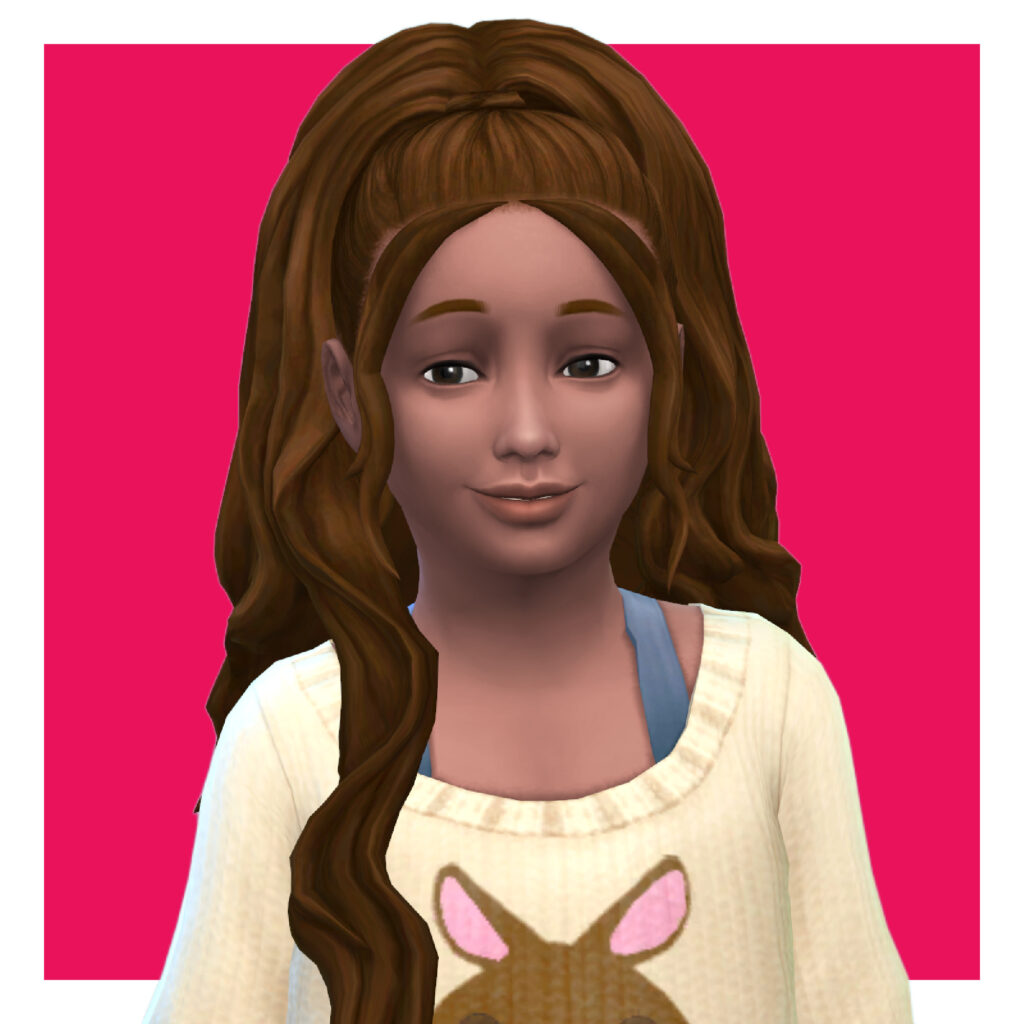 Un niño en Los Sims 4 en un fondo rosa. Tienen el cabello recogido en una cola de caballo alta y tienen mucho cabello. Llevan una camiseta sin mangas con un vestido suéter encima.