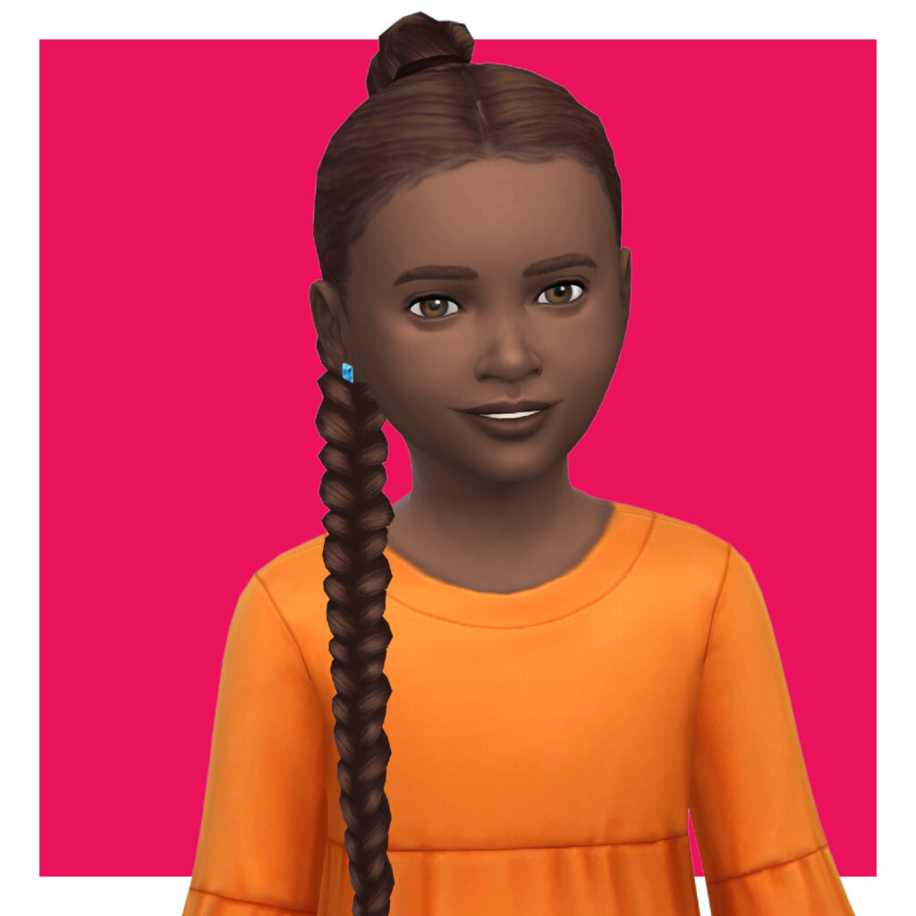 Un niño en Los Sims 4 en un fondo rosa. Este sim lleva una camiseta de muñeca brillante de color naranja y su cabello natural está recogido en una trenza alta con cola de caballo.