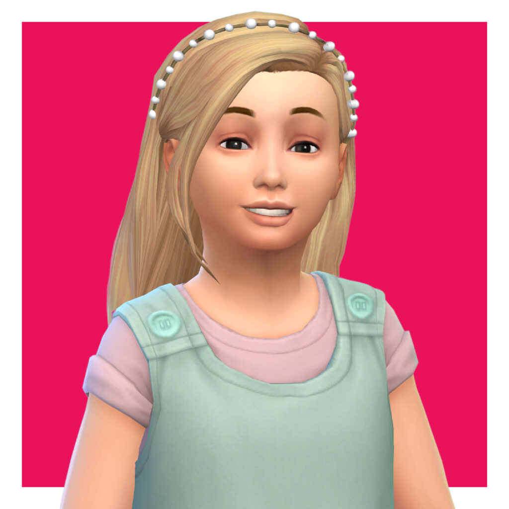 Un niño en Los Sims 4 sobre un fondo rosa. Este sim lleva una camiseta rosa claro con mangas enrolladas y un mono verde menta encima. Su cabello con cc está recogido detrás de las orejas y tiene una pequeña diadema de perlas en la parte superior.