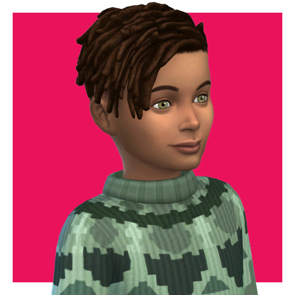 Un niño en Los Sims 4 en un fondo rosa. Este sim lleva un suéter de punto con cuello falso, tiene un estilo de cabello con rastas.