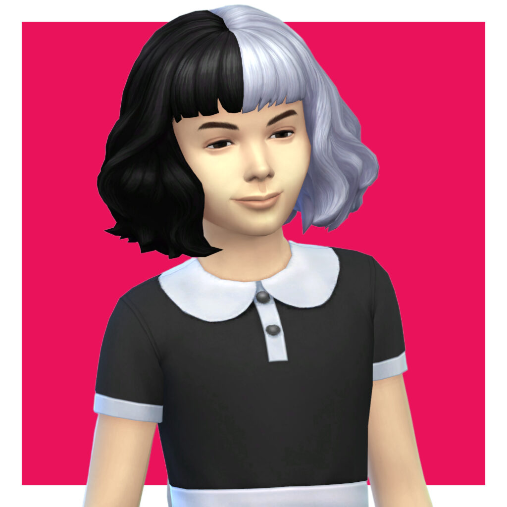 Una niña en Los Sims 4 en un fondo rosa. Esta sim lleva un vestido negro con un cuello blanco como Wednesday Addams. Tienen el pelo mitad blanco y mitad negro.