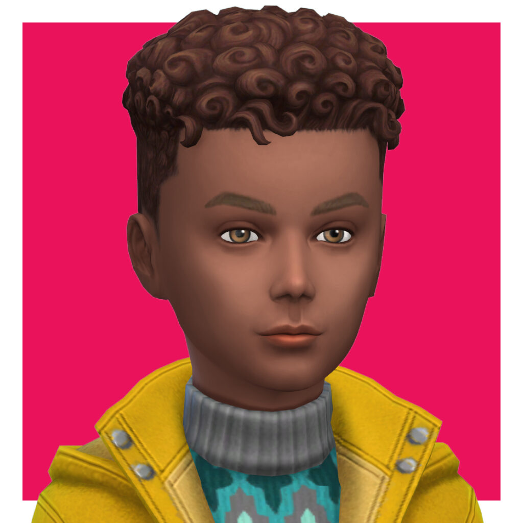 Un niño en Los Sims 4 sobre un fondo rosa. Este Sim tiene un cabello CC naturalmente rizado y lleva un suéter de punto con una chaqueta amarilla encima.