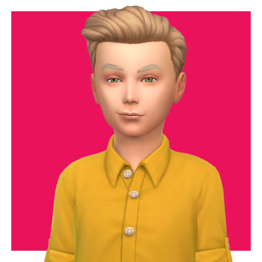 Un niño en Los Sims 4 en un fondo rosa. Este sim tiene una camisa amarilla con cuello y cabello rubio hacia atrás.
