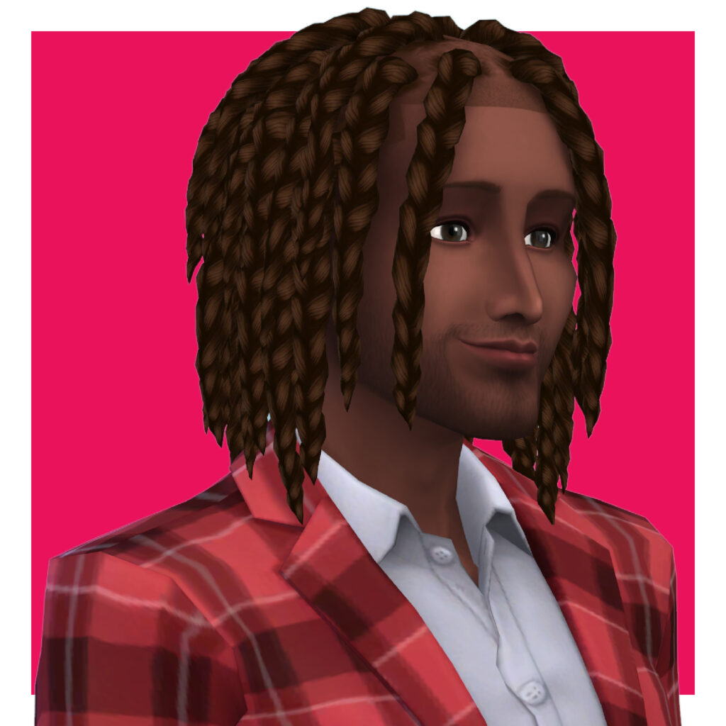 Un personaje masculino de Los Sims 4. Este sim tiene el cabello trenzado que es más corto que la longitud de los hombros. Lleva una chaqueta de cuadros rojos con una camisa blanca.