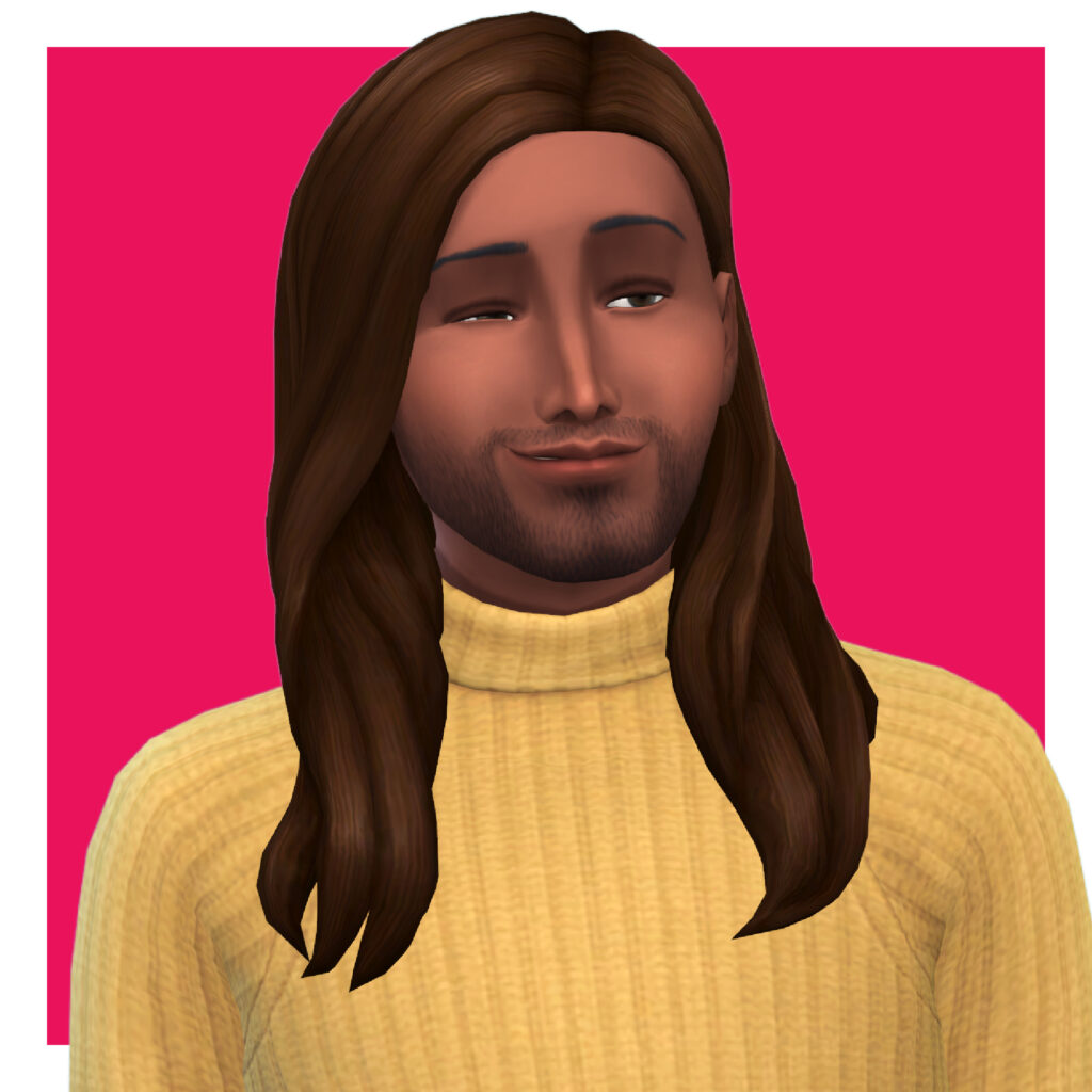 Un sim que lleva un suéter amarillo brillante. Este personaje de Los Sims 4 tiene su largo cabello castaño detrás de una oreja y está guiñando un ojo.